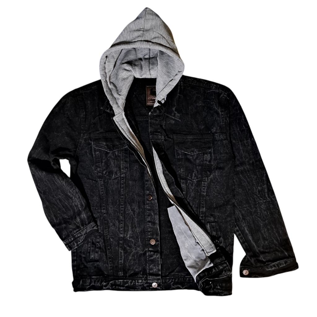 Jaket Jeans Hoodie Ariel Casual Pria - Jaket Jeans Denim Double Sleeting - Sandwash Hitam