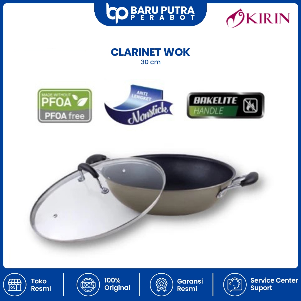 KIRIN Clarinet Wok Teflon Wajan 30CM Classic 2.3MM + Tutup Kaca