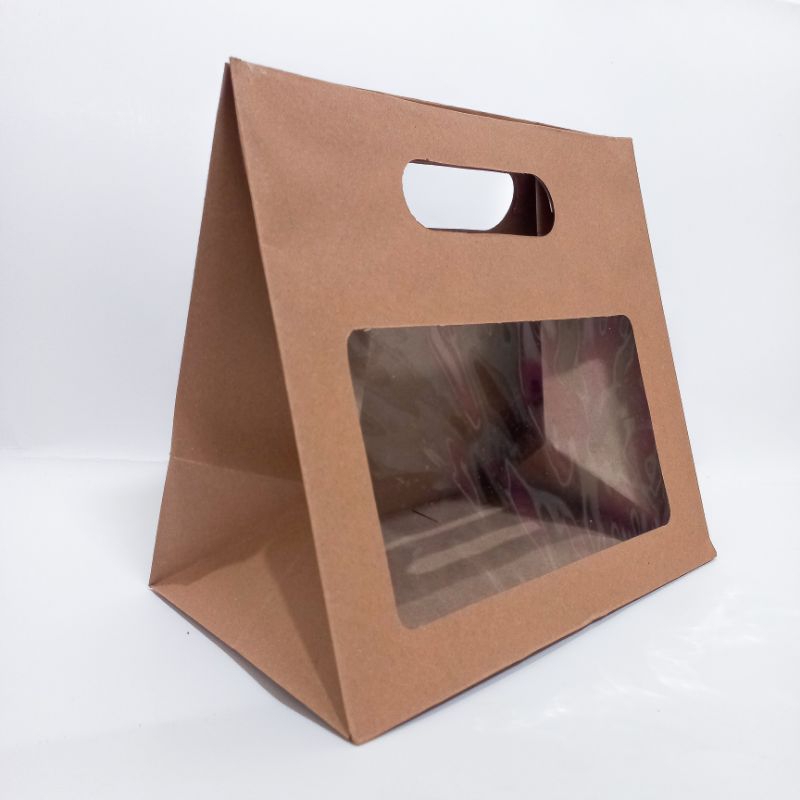 

paper bag coklat || paper bag souvenir ulang tahun/pernikahan || paper bag packaging/kemasan || tas kertas roti/kue/cake/brownies mika/window 25x15x23