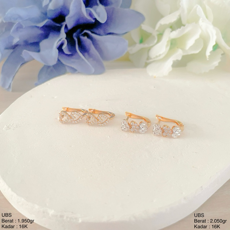 Perhiasan Anting Emas Klip Model Hati Permata Putih UBS 16k/700