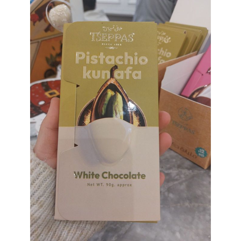 

chocolate pistachio kunafa | white chocolate | tseppas