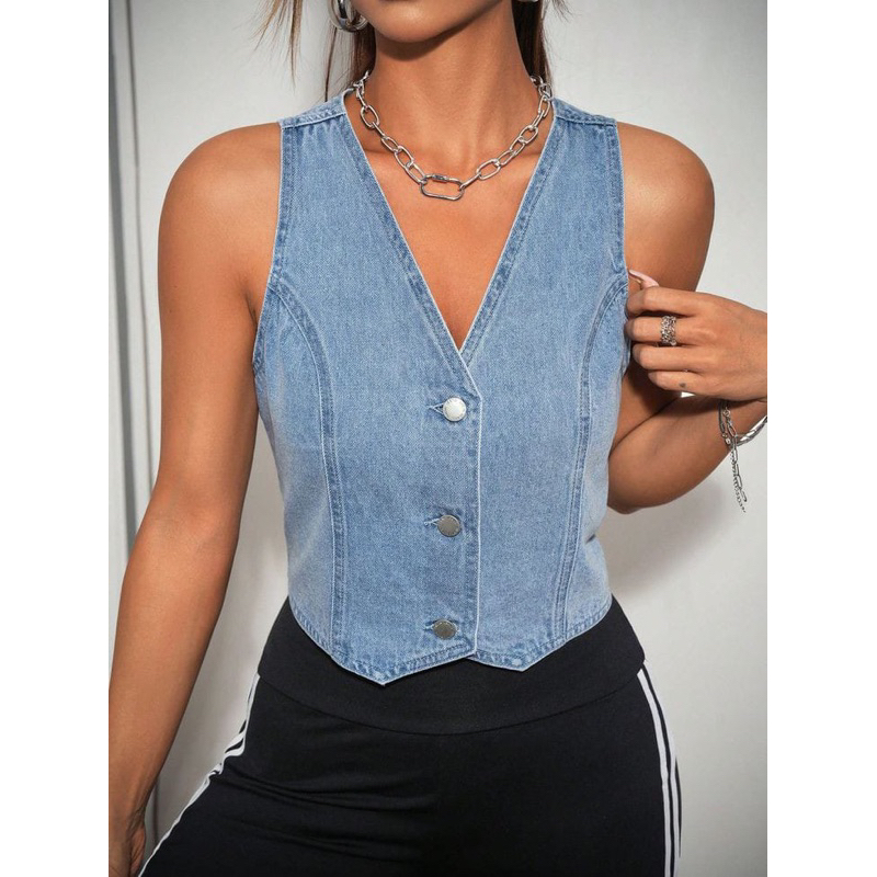 [ READY STOCK ] VEST KOREAN STYLE || VEST ROMPI JEANS CROP || VEST CROP KANCING || ROMPI JEANS TERBA