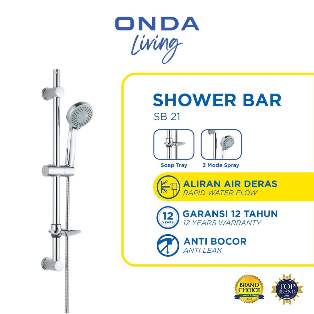 ONDA Hand Shower Mandi Genggam Kepala Shower Full Set Tiang 3 Mode Air Deras Anti Bocor SB 21
