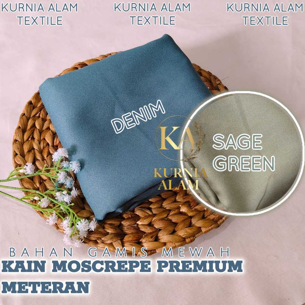 Kain Moscrepe Premium / Kain Moscrepe Warna Sage Green & Denim PER 0.5 Meter Bahan Gamis, Gaun Mewah