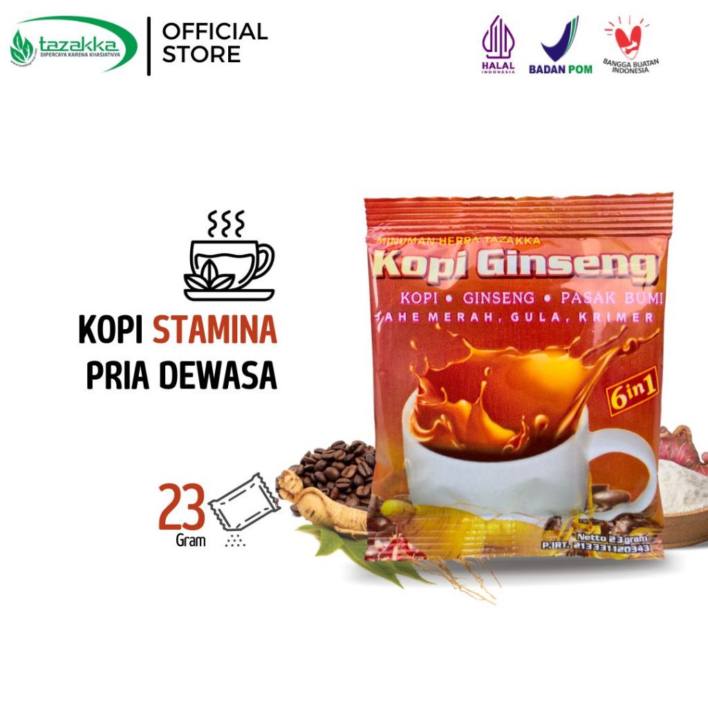 

TAZAKKA Kopi Ginseng Tahan Lama Minuman Herbal Sachet Renceng Gingseng Korea Penghangat Badan 6in1
