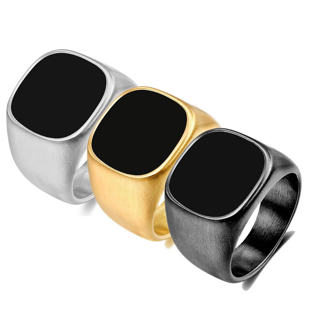 Cincin Kotak Semi Bulat Batu Hitam Stainless Premium - Onyx Silvery Classical Men's Ring / Cincin Po