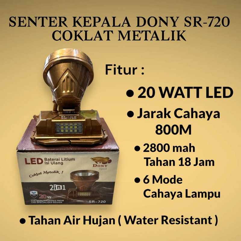 DONY SENTER KEPALA LED 20W + COB SR720 COKLAT METALIK ORIGINAL SUPER TERANG ANTI AIR OUTDOOR 6 MODE