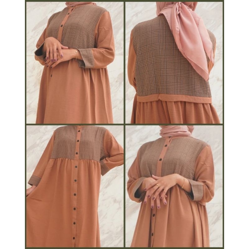 Dress Muslim Lengan Panjang Kancing Full Sampai Bawah Motif Kotak Crinkle Airflow - Zeline 04