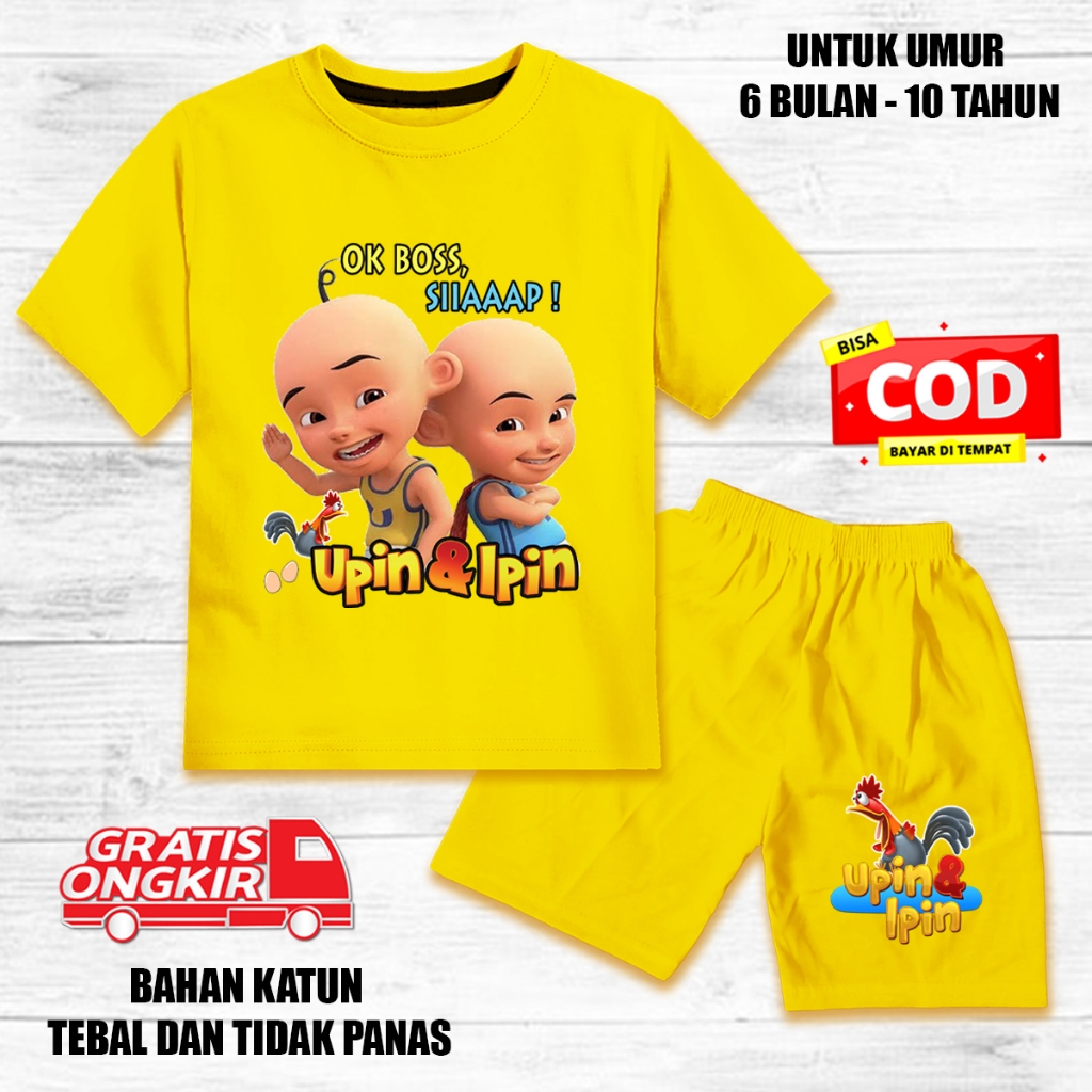 Setelan anak laki laki perempuan lengan pendek set baju kaos pendek anak katun upin ipin ok siap