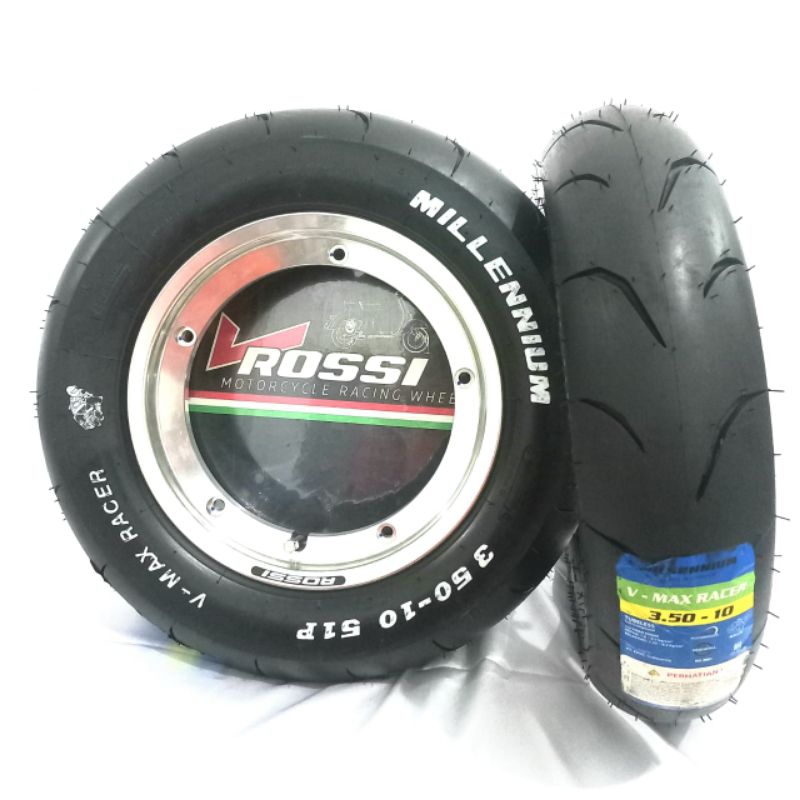 PAKET VELG VR ROSSI BAN MILLENNIUM V MAX RACER VESPA aluminium tubeless tubles R10 milenium polish b