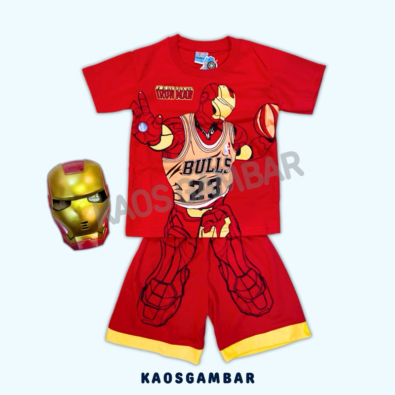 KAOS GAMBAR- SETELAN ANAK LAKI LAKI GAMBAR IRON MAN BULLS BASKETBALL BULLS 23 SETELAN ABAK IRON MAN 