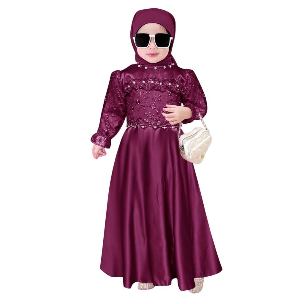 Indira - Gamis baju gaun anak brukat perempuan tile mutiara premium velvet 2 3 4 5 6 7 8 9 10 11 tah