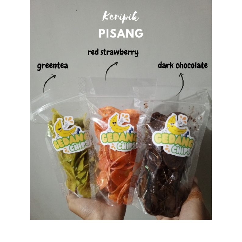 

KERIPIK PISANG LUMER, CHOCOLATE, RED STRAWBERRY, GREENTEA