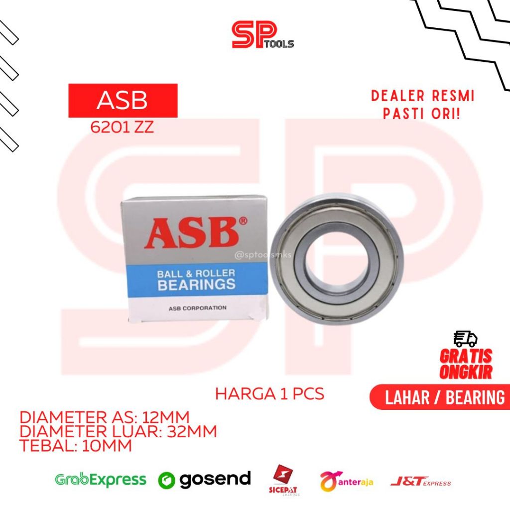 LAHAR / BEARING ASB 6201ZZ 6201 ZZ TUTUP BESI 12MM X 32MM x 10MM