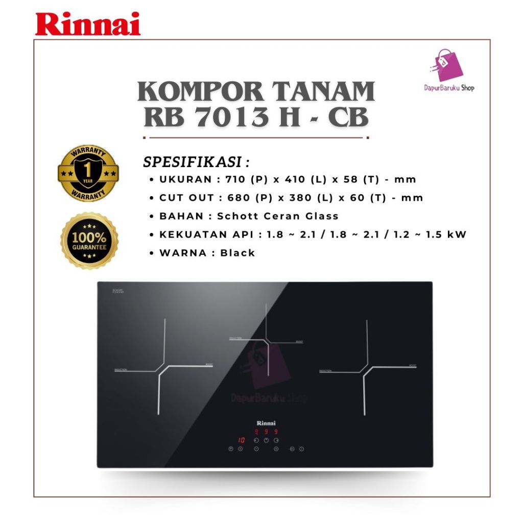 Kompor Tanam Listrik Rinnai RB 7013 H CB / Rinnai 3 tungku