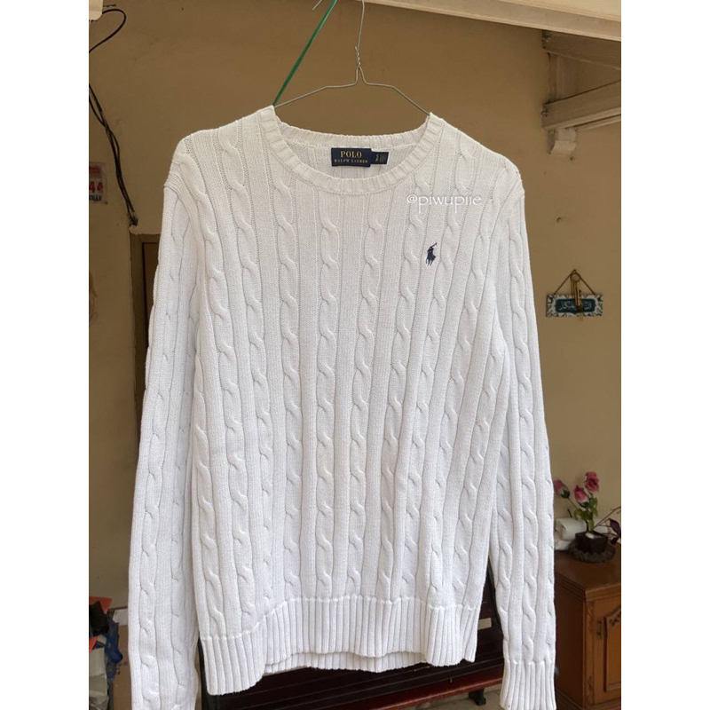 Preloved POLO RL Cable-Knit Sweater White ORI | Sweater Rajut Putih