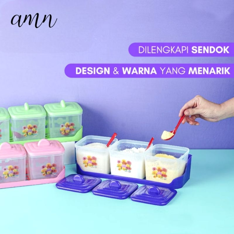 Tempat Bumbu Dapur Set Isi 3 Kotak Plastik Rak Bumbu Wadah Garam Gula Merica