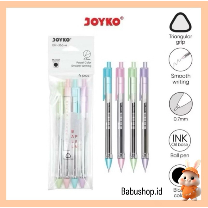 

BBS Ball Pen Pulpen Pena Joyko BP-363-4 Vokus Trans PTL0.7 mm (1 Pack/ISI 4pcs)