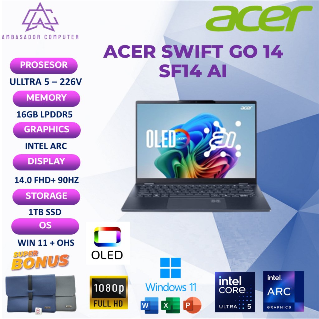 Acer Swift 14 Ai OLED Ultra 5 226V 16GB 1TB Windows11 OHS Full HD 90Hz