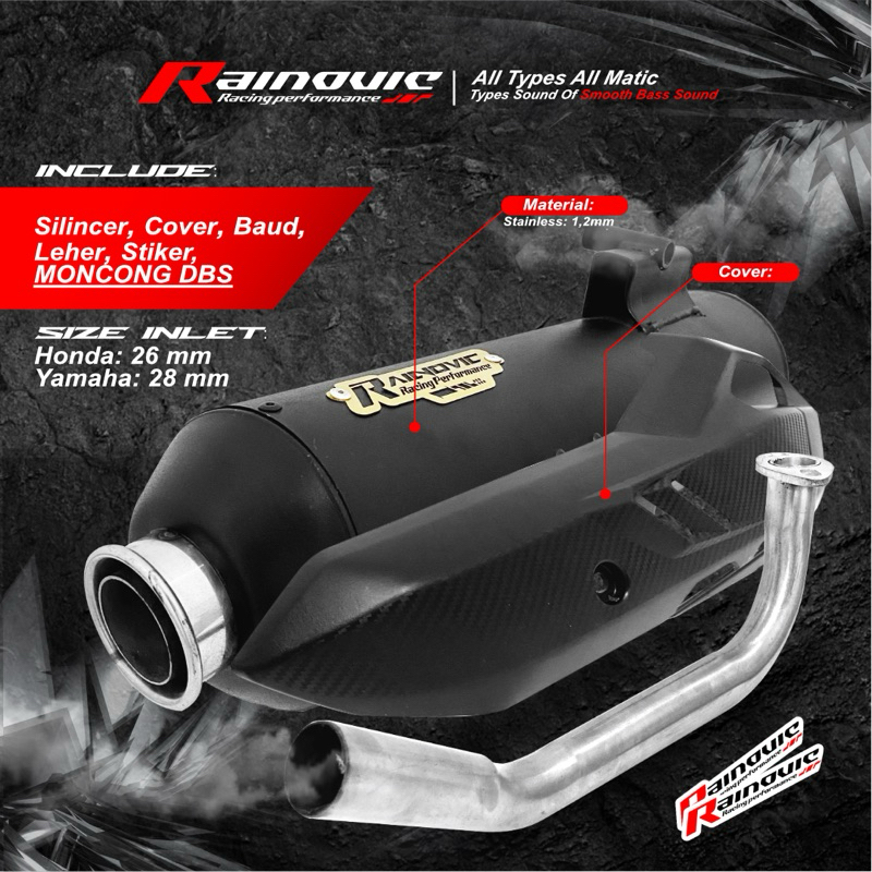 knalpot fullsystem Moncong Dbs Original Rainovic Free Cover Hitam VARIO BEAT NMAX PCX MIO SCOOPY dll