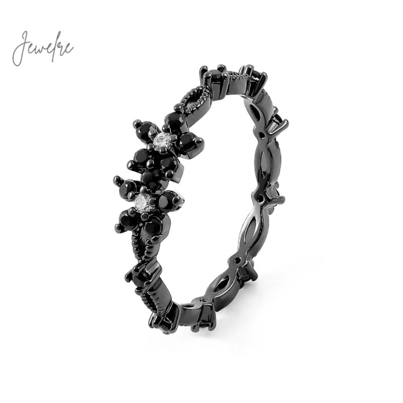 Cincin Hitam Wanita Jewelre Bunga Perhiasan Aksesoris