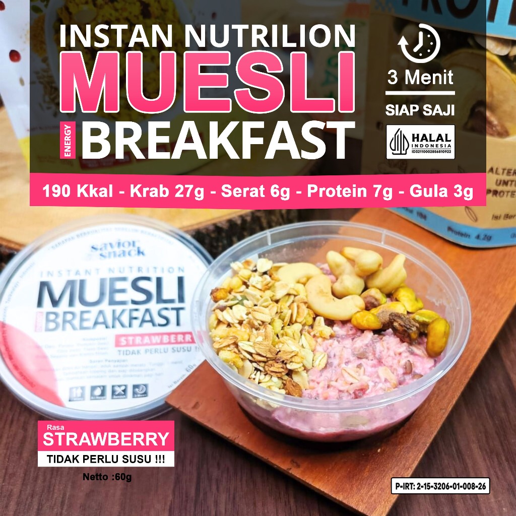 

MUESLI Strawberry Overnight Oats Sereal Oatmeal Menu Sarapan Sehat 3 Menit Siap Saji | Savior Snack