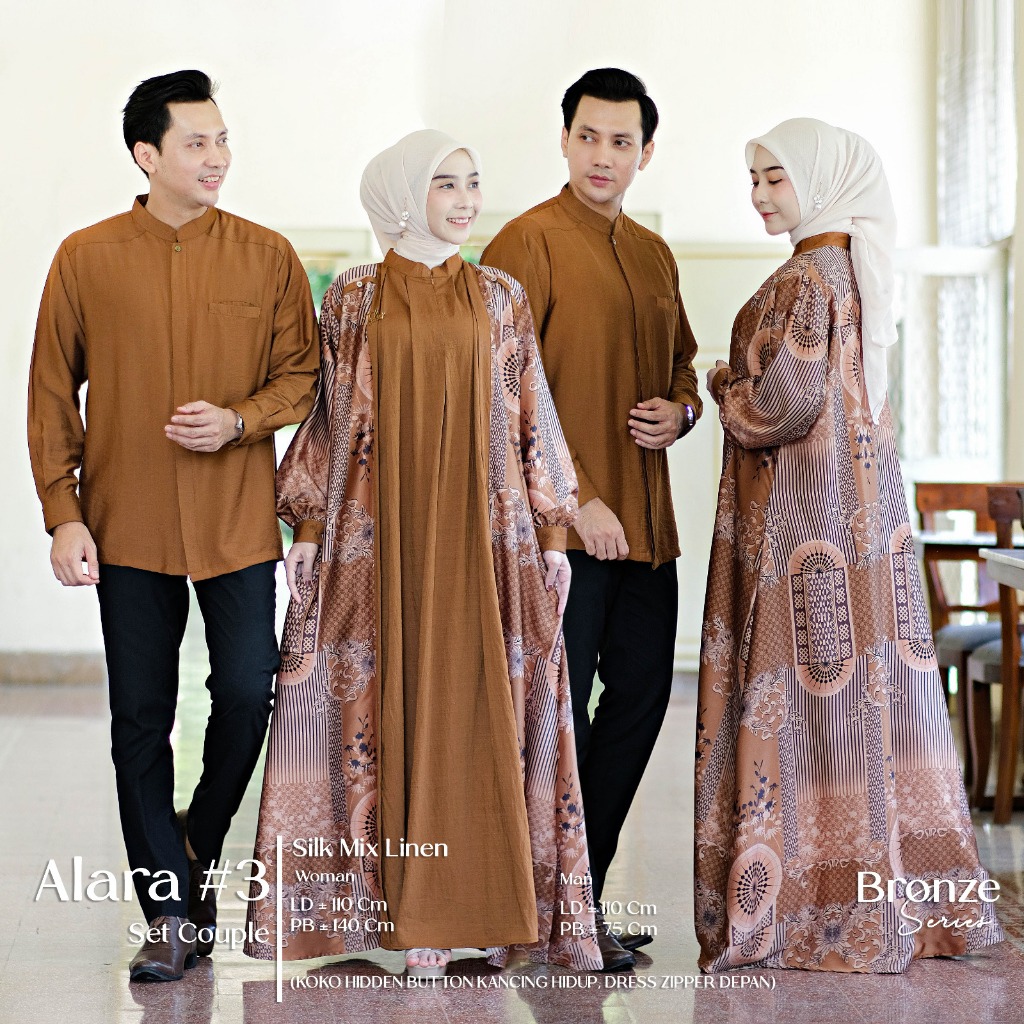 Alara Set Couple Dress Koko Muslim Silk Mix Polo Linen Motif Batik Kombinasi Polos