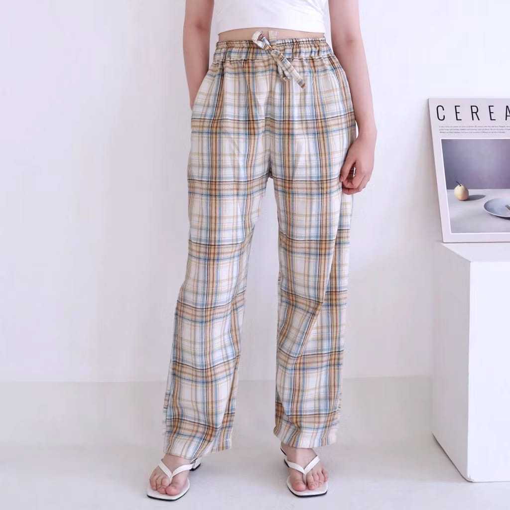 Celana Tartan Kotak Kotak  Wanita Korean Style Celana Longgar Wanita Terbaru High Waist