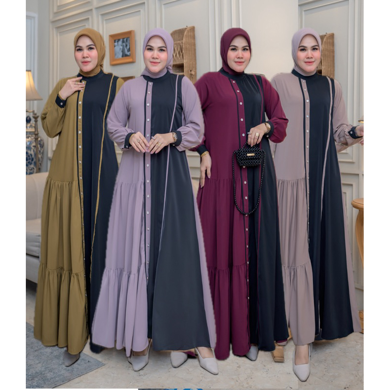 NNFashion ~ Zalina Dress Gamis Wanita Muslimah Casual Formal Adem Nyaman Polos Kombinasi Warna Panja