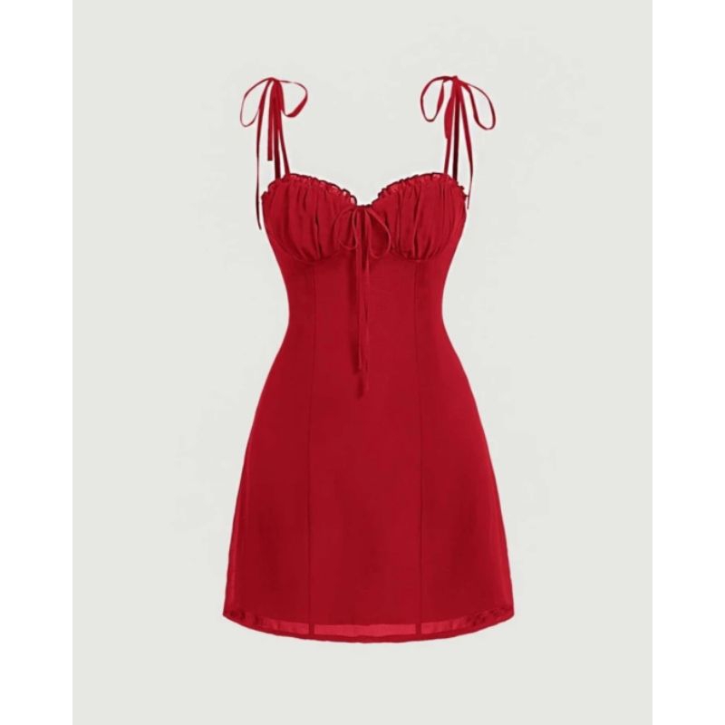 [JASTIP SHEIN] Red Ruffle Tie Ruched Bust Tie Cami Dress