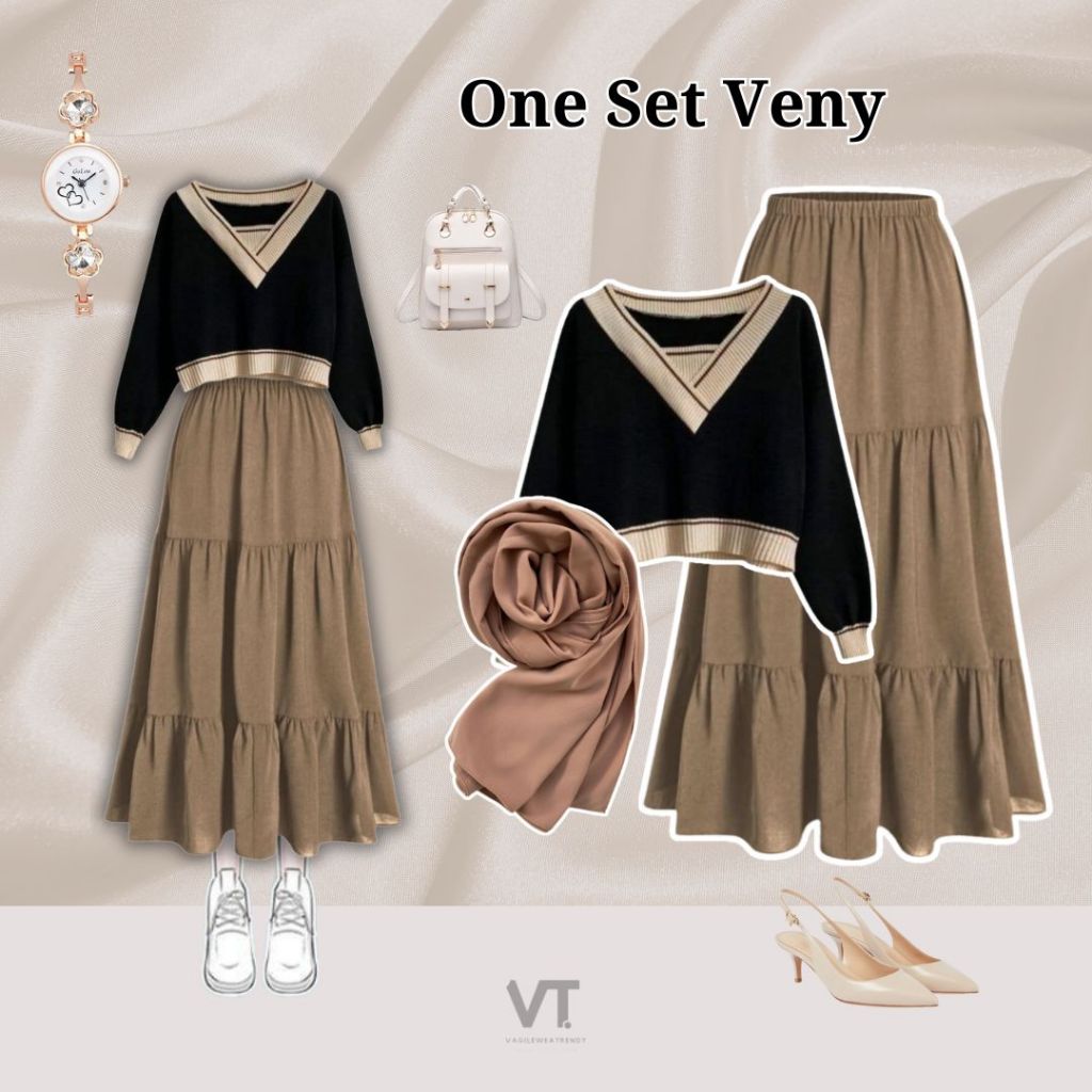 One Set Veny (Hijab, Blouse, Rok) Setelan Baju Wanita Hijab Korea Style Terlaris