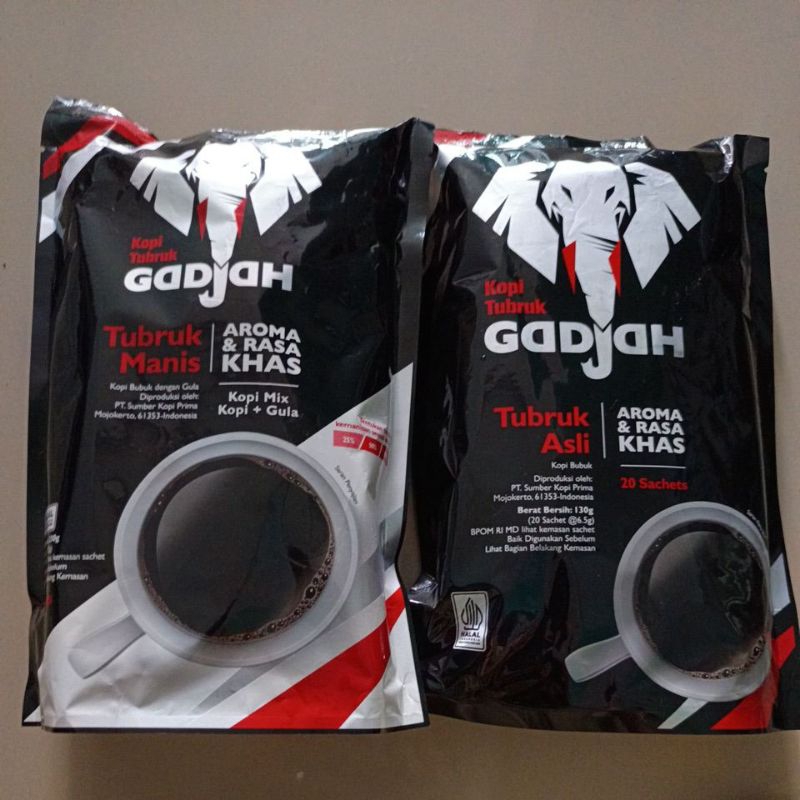 

KOPI GADJAH Tubruk Asli isi 20 Sachet / KOPI GADJAH Tubruk Manis isi 10 Sachet