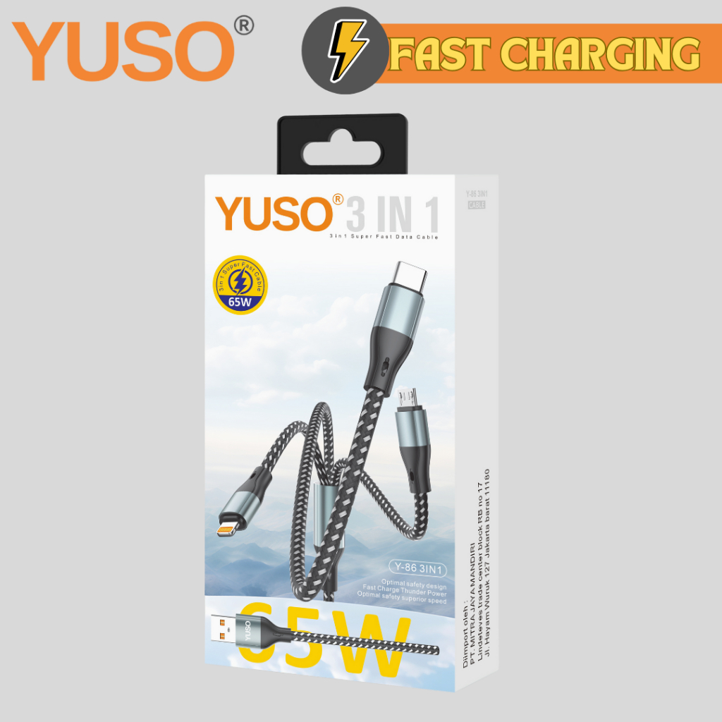 Kabel Charger 3 in 1 Yuso Y86 Braided iPhone Lightning Usb Type C Micro