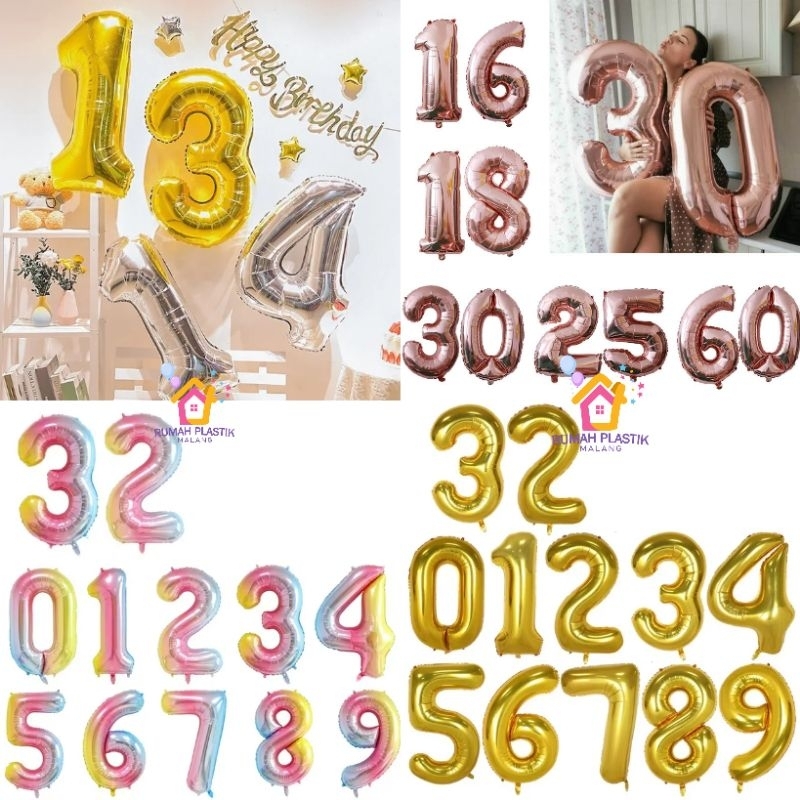 Balon foil angka 32inch gold rosegold rainbow emas rose peach colorfull silver abu abu perak 1 2 3 4