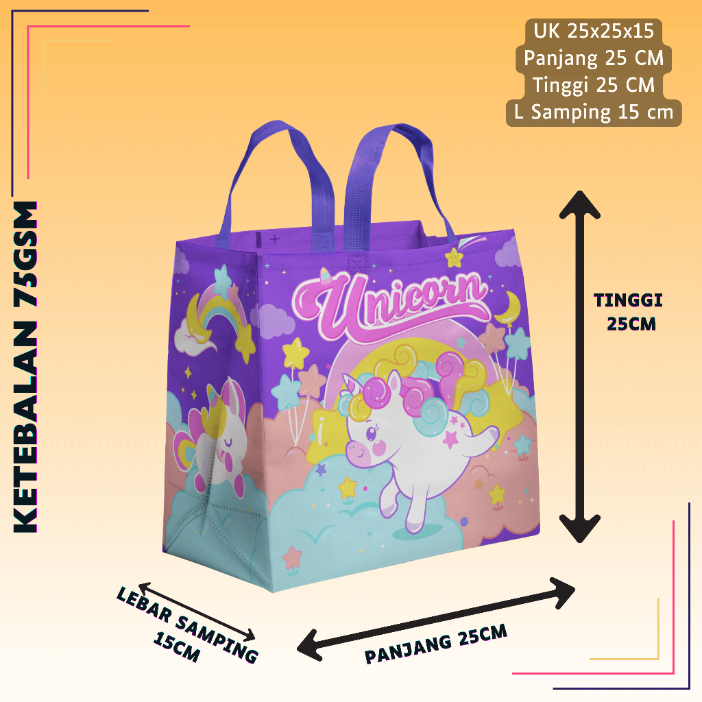 

(LUSINAN ISI 12 PCS ) Tas Laminasi HBPA Box Motif Ukuran 25x25x15 / Goodie Bag Ultah Karakter Anak