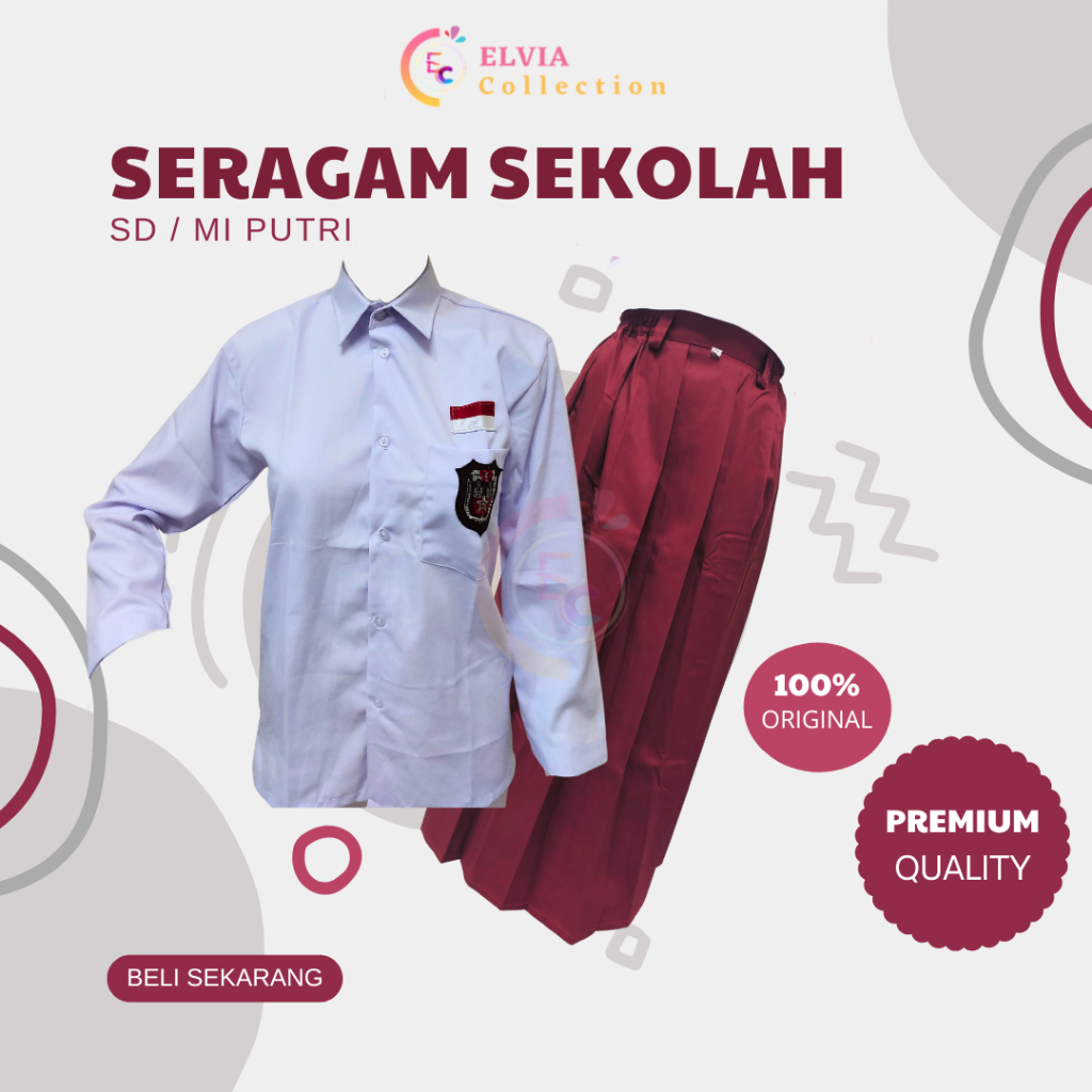 Elvia - Seragam Sekolah Merah Putih SD MI Putri Panjang  Baju Putih Perempuan Rok Merah Rempel Cewek