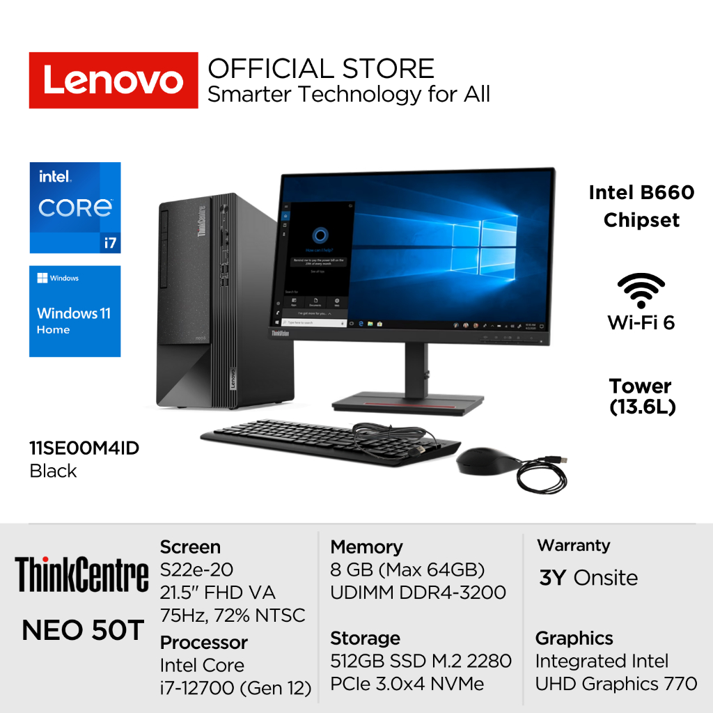 Lenovo PC ThinkCentre Neo 50t M4ID Intel Core i7 12700 Win11 Home 8GB 512GB SSD Tower 13.6L Integrat