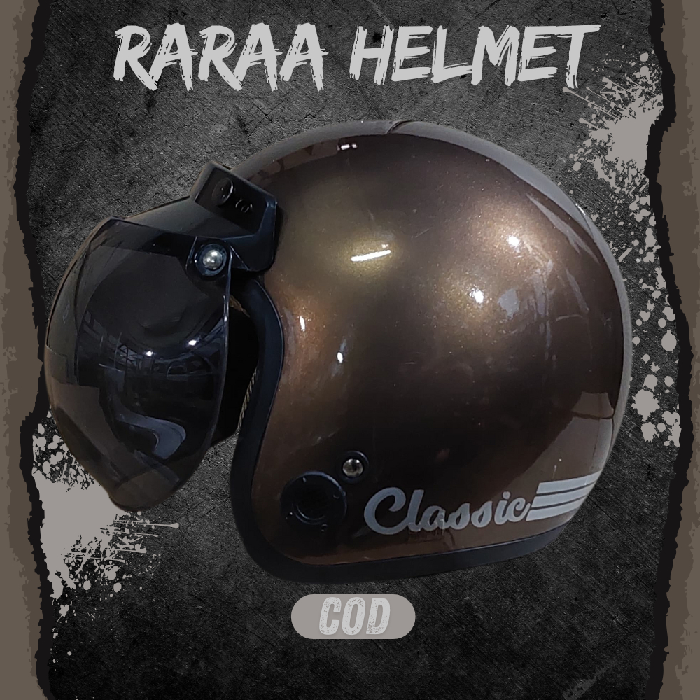 Helm Bogo Wanita Pria Dewasa Retro Classic Kaca Datar Cembung Full Leher Coklat Emas Glossy SNI Terl