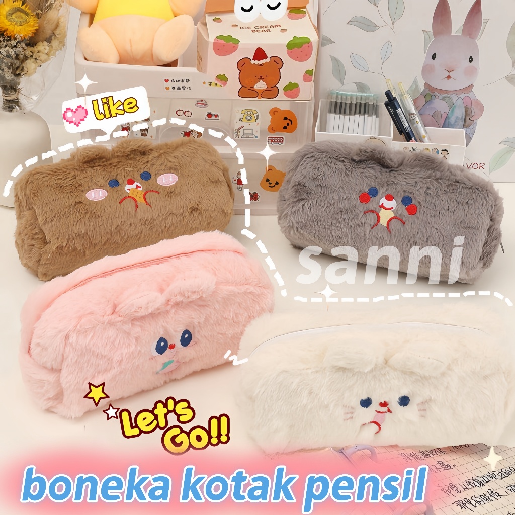 

【Ready】Tempat pensil bulu soft cute Make Up Bulu Bag Pink Pencil Case Student Study Stationery Girl