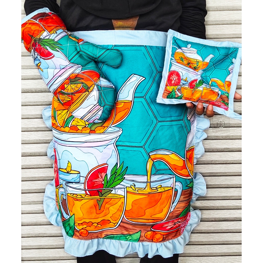 Celemek Apron and Oven Mitten Kitchen Glove Set Shafiyyah.Sarban