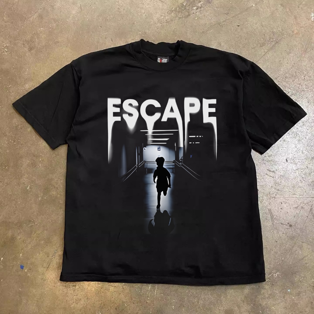 JJ.STORE Escape Hip-hop Amerika Anak Berlari T-shirt Oversize | Kaos Wanita Hitam | Kaos pria dan wa