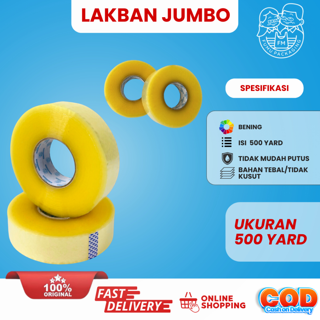 

Lakban Bening Fumu Packing Ukuran 45 mm Panjang 500 yard kuat Melekat Tidak Mudah putus