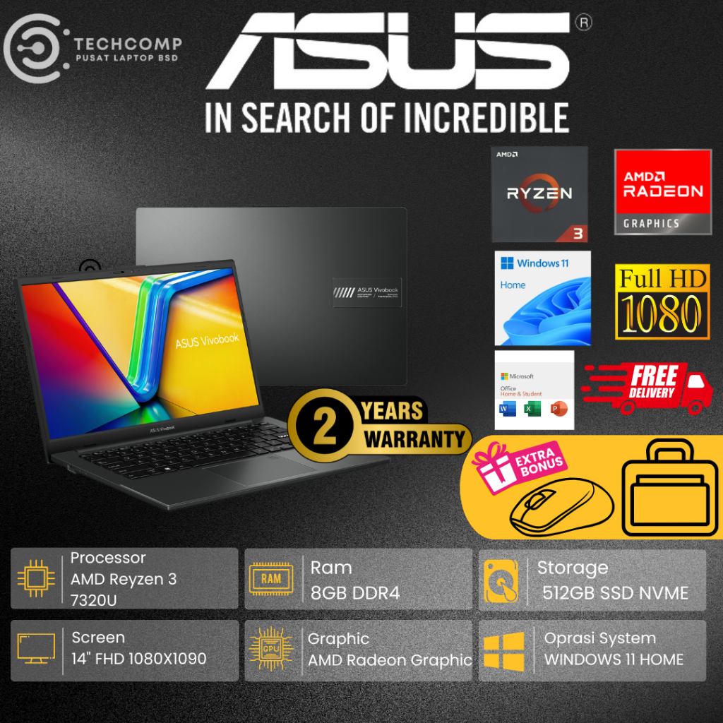 LAPTOP BARU ASUS VIVOBOOK AMD RYZEN 3 7320U RAM 8GB DDR5 512GB SSD FHD BL WINDOWS11 ORI TERLARIS