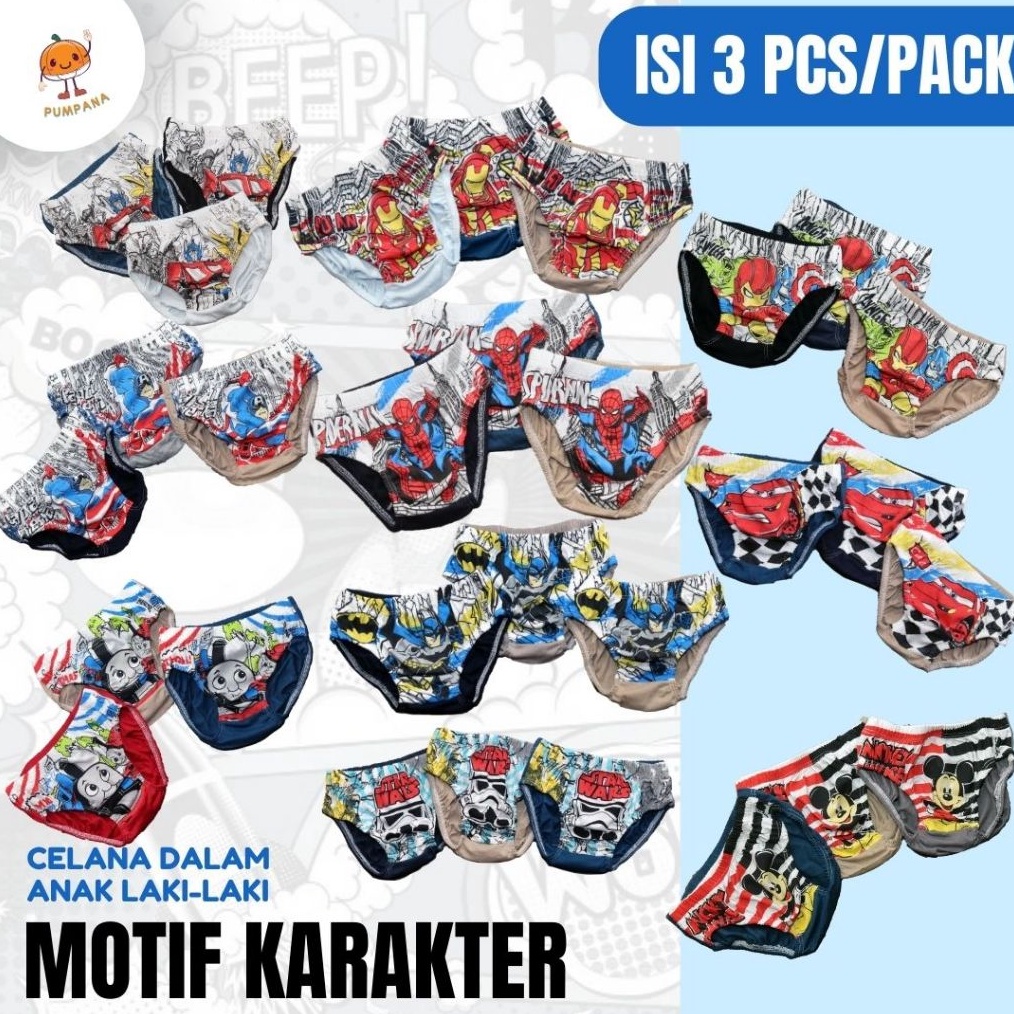 KODE P58X Celana Dalam Sempak Anak Laki Laki 3  8 tahun bahan Katun isi 3 pcs Gambar Karakter Spider