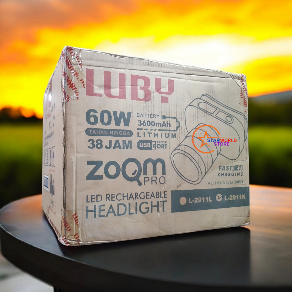 Paket 1 Koli LUBY Senter Kepala Zoom Pro L-2911 60 Watt/1 Dus Isi 100 Pcs Senter Kepala Zoom 60 Watt