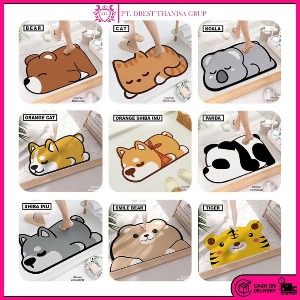 Keset Lantai Anti Slip Karakter Hewan Lucu Menyerap Air Ukuran 40 X 60 Cm / Keset Kamar Mandi Keset 