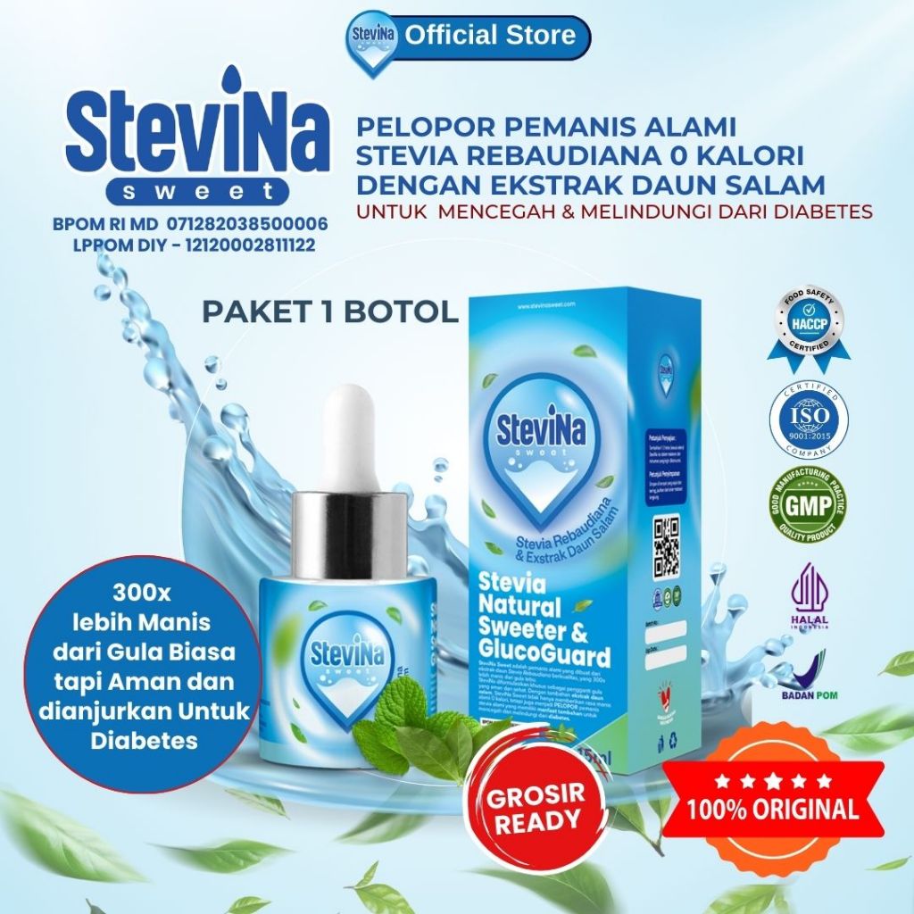 

Stevina sweet Pelopor Pemanis Stevia Cair 0 Kalori dengan Herbal Daun salam untuk Mencegah dan melindungi dari Diabetes Kemasan 15ml Paket 1 Botol