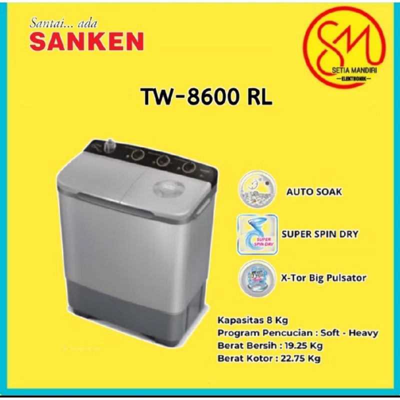 Mesin Cuci Sanken 2 Tabung/Sanken Mesin Cuci 2 Tabung TW-8600/Mesin Cuci 8Kg Sanken