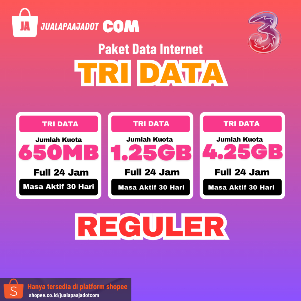 PAKET DATA TRI DATA REGULER 650 MB - 4.25 GB | Proses cepat 10 menit