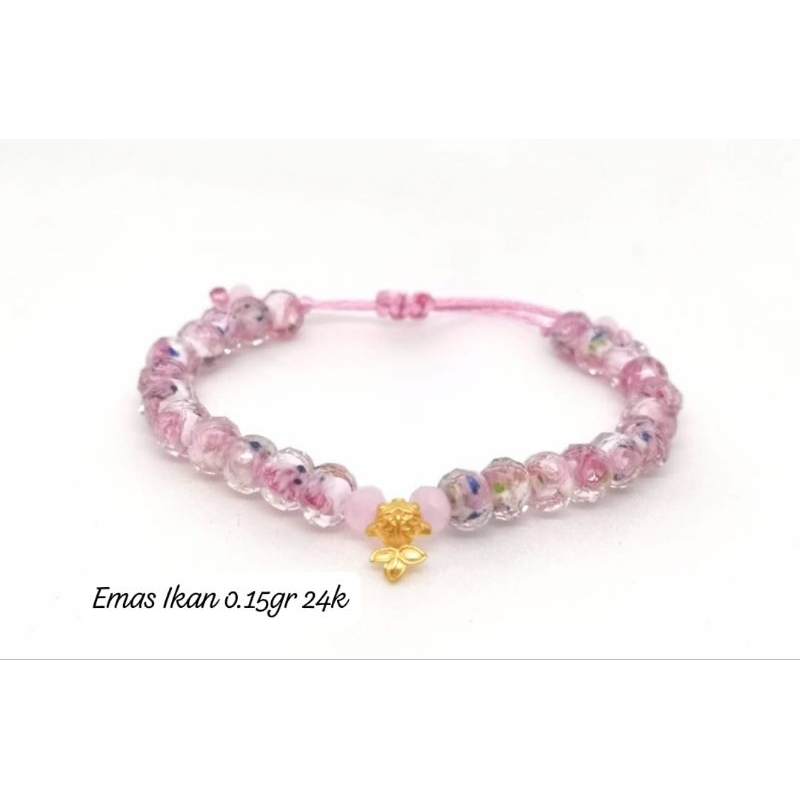 Gelang Emas Asli Charm Ikan 24K Hongkong 999% Tali Batu Bunga